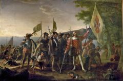 Christoph Kolumbus landet auf den West Indies am 12. Oktober 1492. Er erhebt das knigliche Banner, um somit das Land fr Spanien zu beanspruchen.
